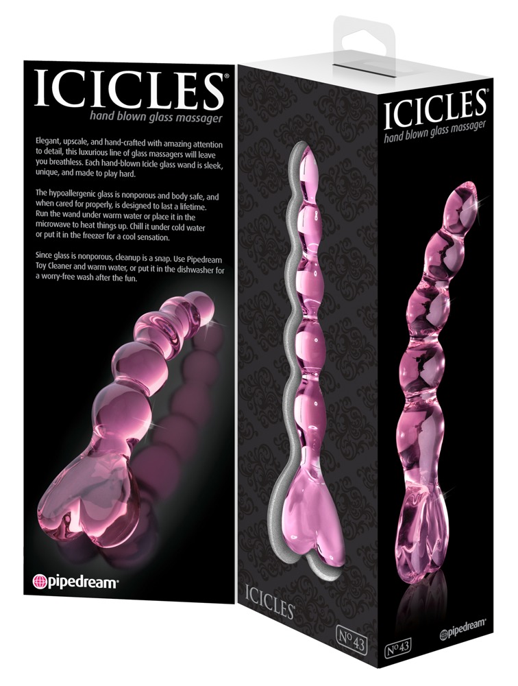 Icicles No. 43 - gyöngyös, szíves üveg dildó (pink) Dildók (nem rezgő) kép