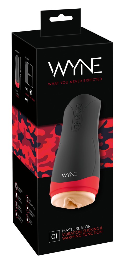 WYNE 01 - akkus, rezgő-szívó, melegítős maszturbátor (fekete) kép