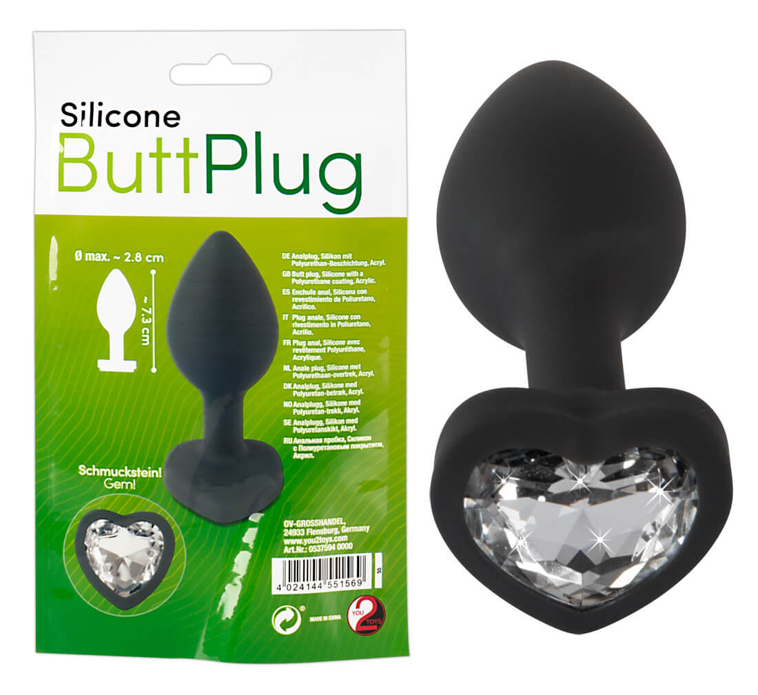 You2Toys Silicone Butt Plug - fehér köves, szíves anál dildó (fekete) kép